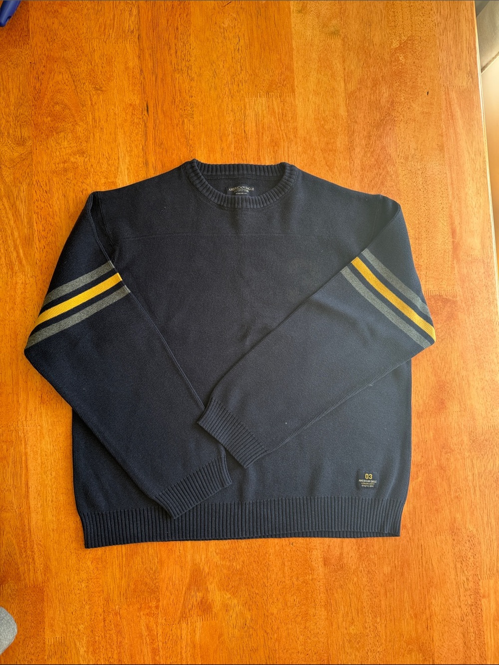 American Eagle Men's XXL Navy Blue Crewneck Sweater with Contrast Sleeve Stripes